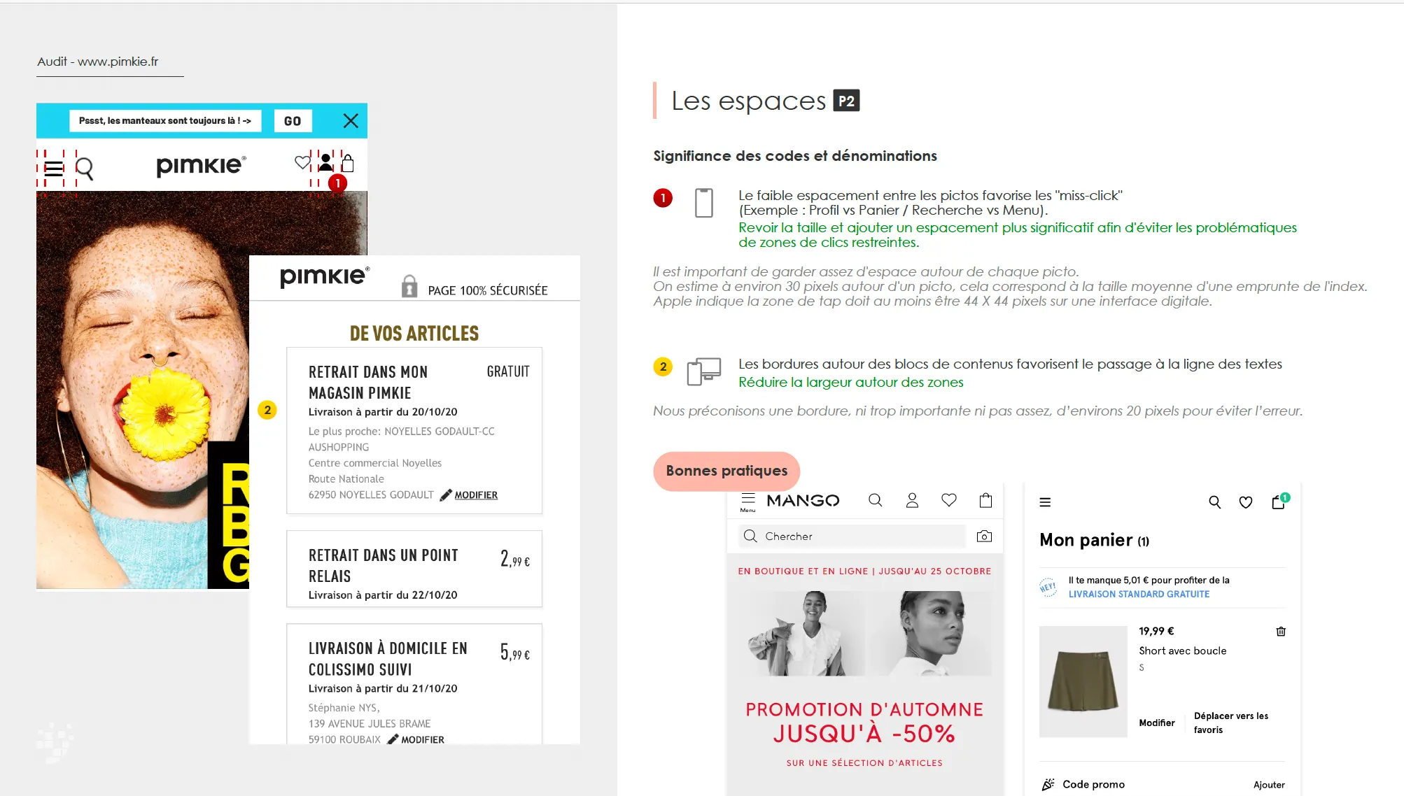 Audit Pimkie, les espaces : l'espacement entre les pictos et les bordures des blocs, avec la recommandation chiffrée et les bonnes pratiques.