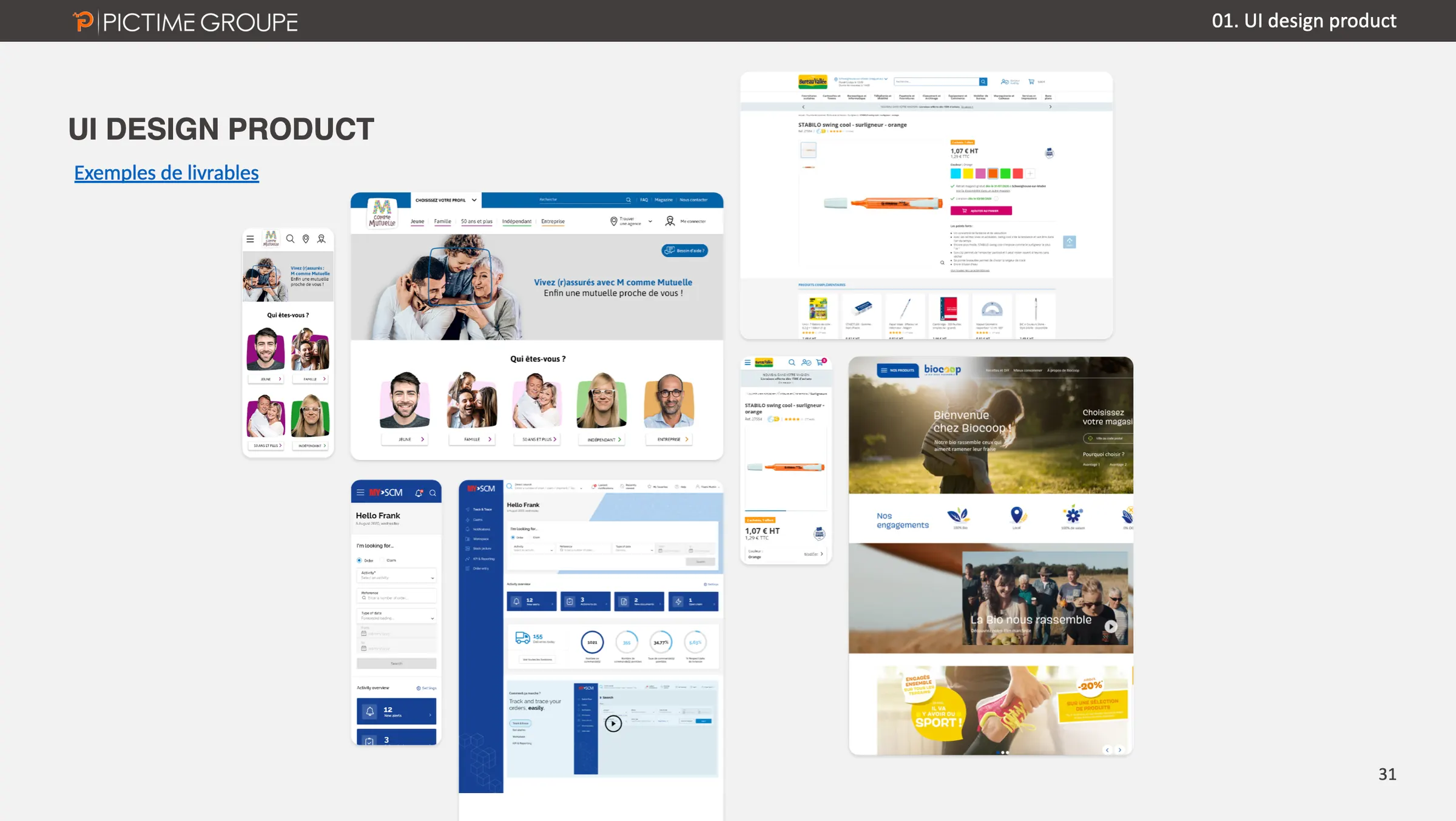 Exemples de livrables de l'option UI design product : sites et applications, en desktop et en mobile.