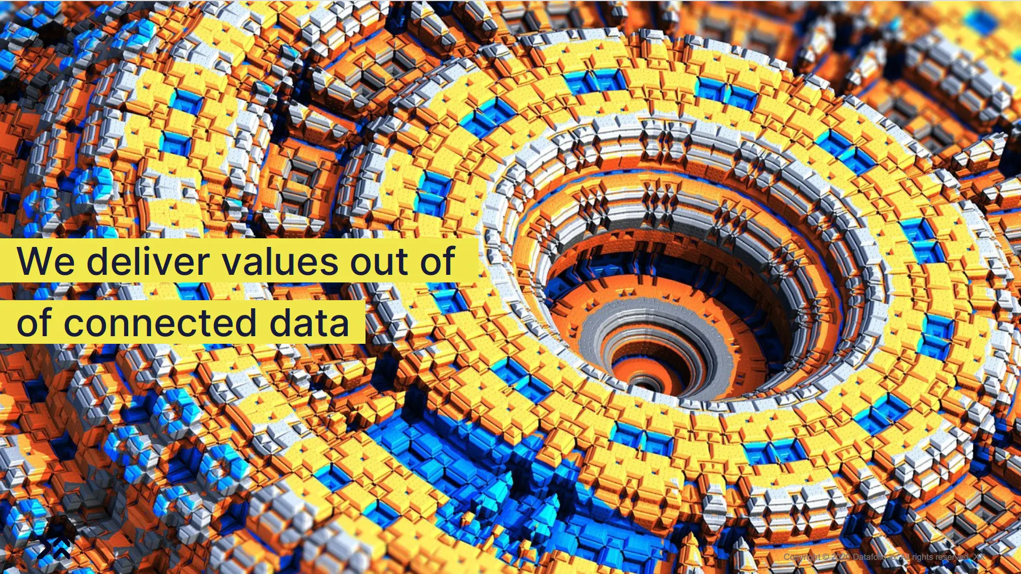 "We deliver values out of connected data": Datafolio's promise, over a spiral structure visual.