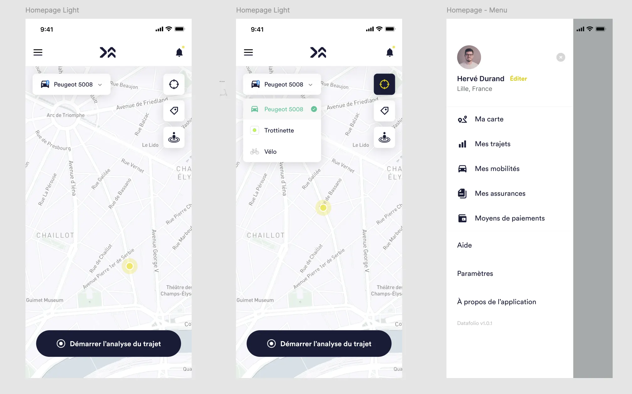 The app's home screen: the map, the choice of vehicle (car, e-scooter, bike) and the menu (journeys, mobility, insurance, payments).