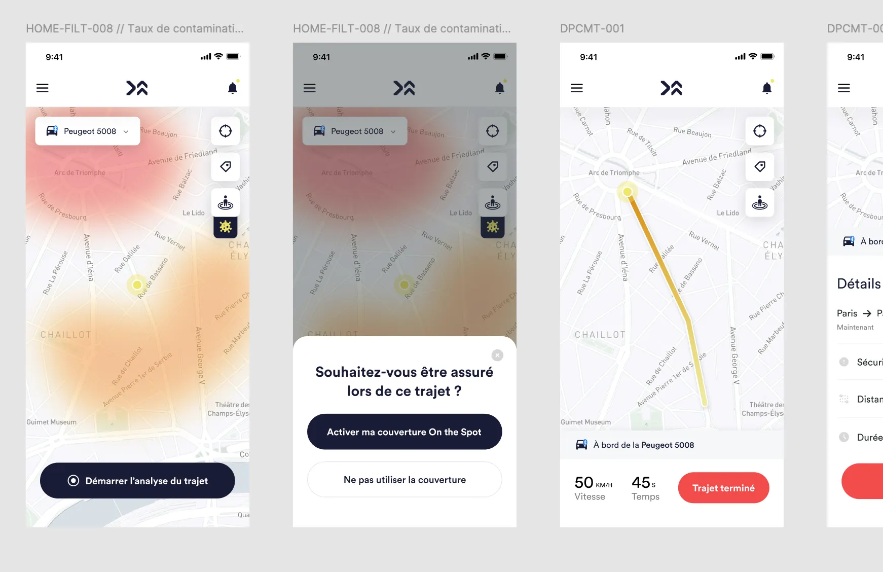 Contamination-rate filter on the map, "On the Spot" cover offered at departure, then the journey in progress.