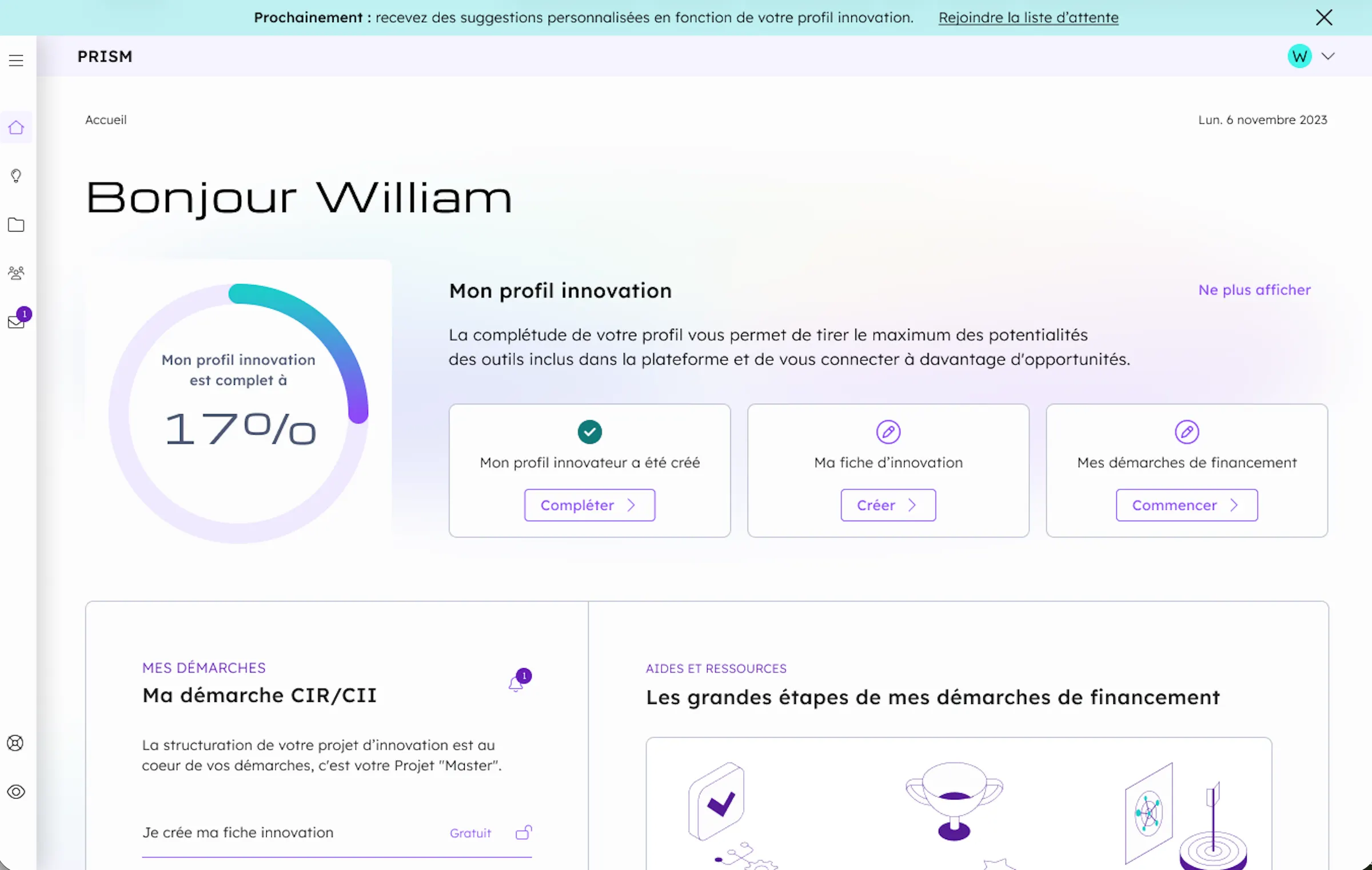 Platform home page: the innovation profile 17% complete, the innovation profile card, the CIR/CII funding procedures and the main funding stages.