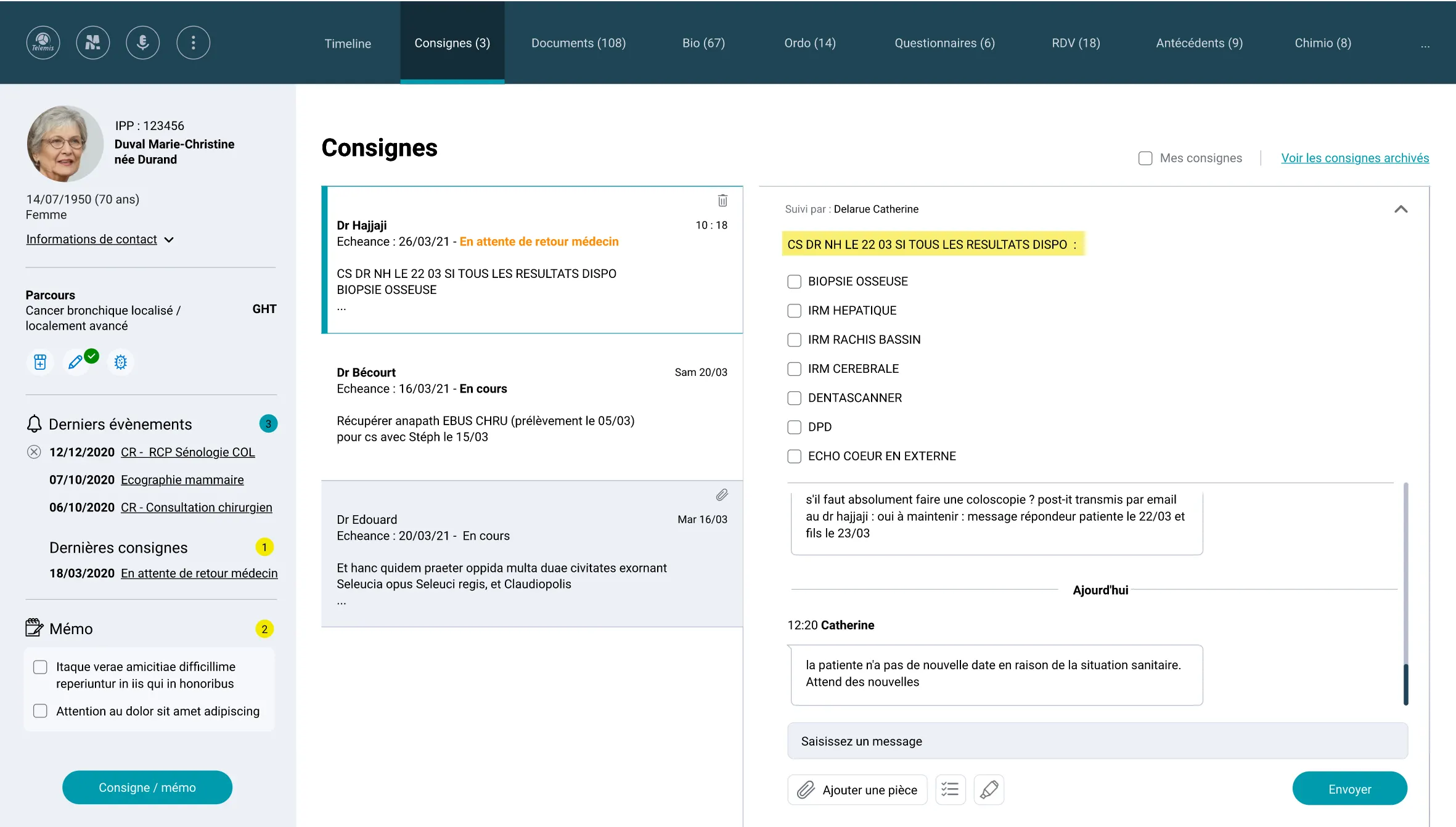 360 patient view, Instructions tab: each doctor's instructions with their due date and status, and the discussion thread attached to the request.