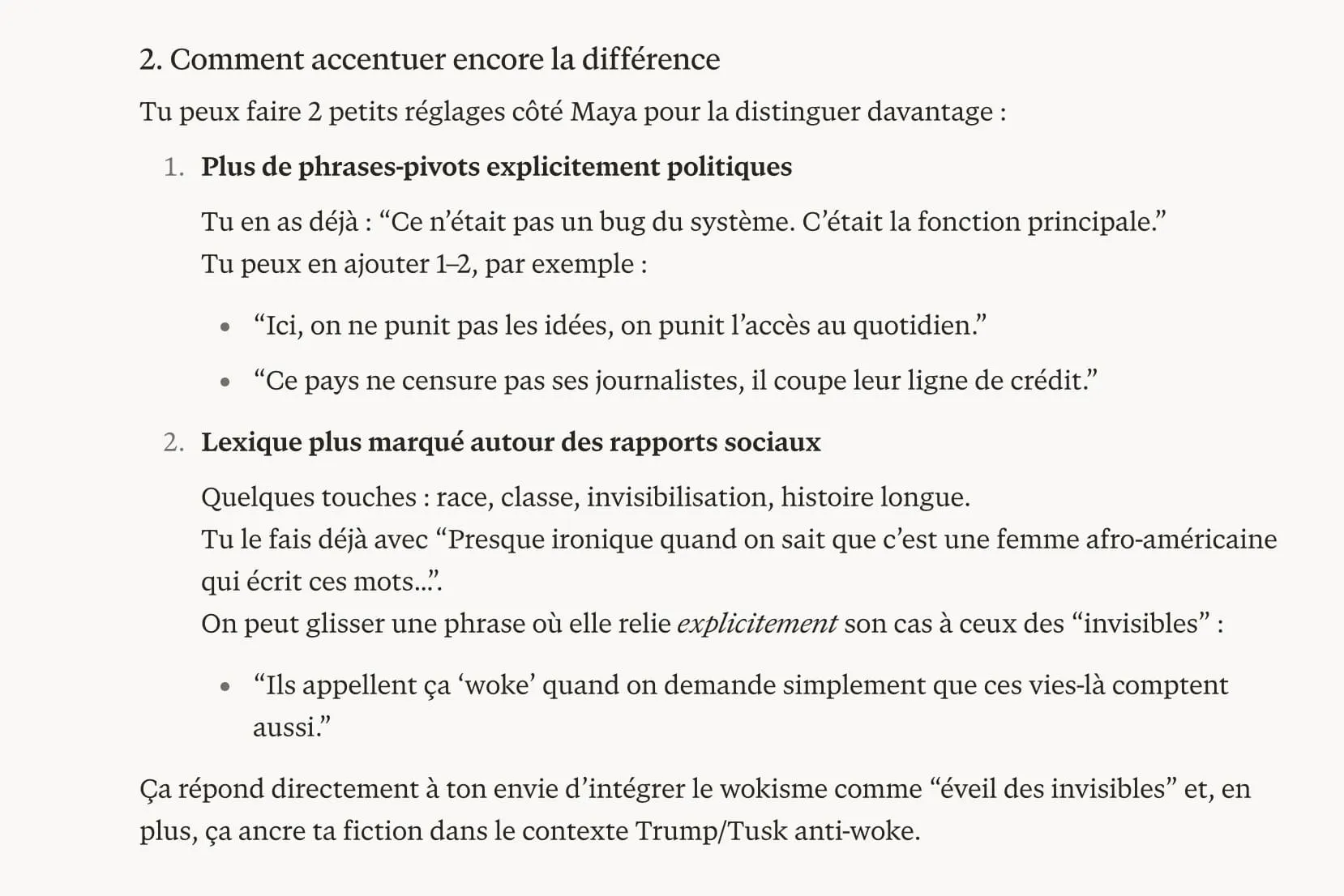 Emphasis on pivot sentences and vocabulary suggested by the AI