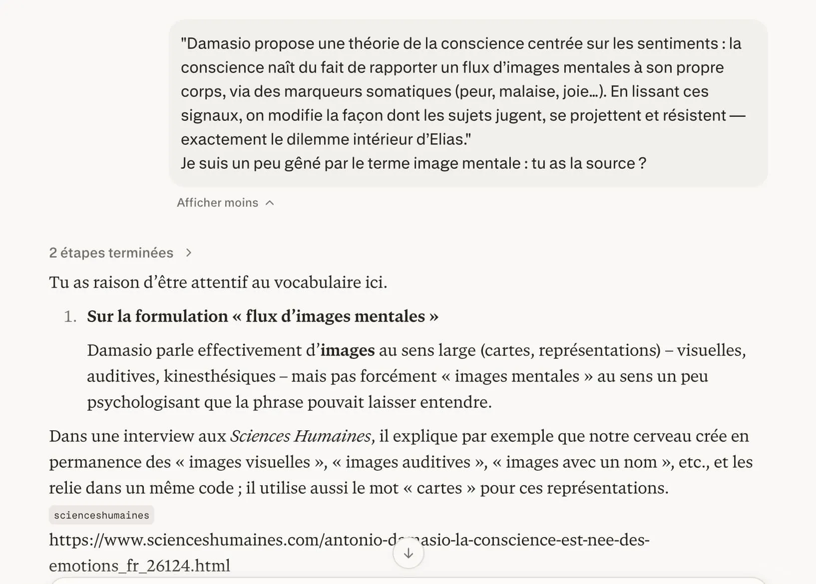A demonstrated example of the AI's mistake about Damasio